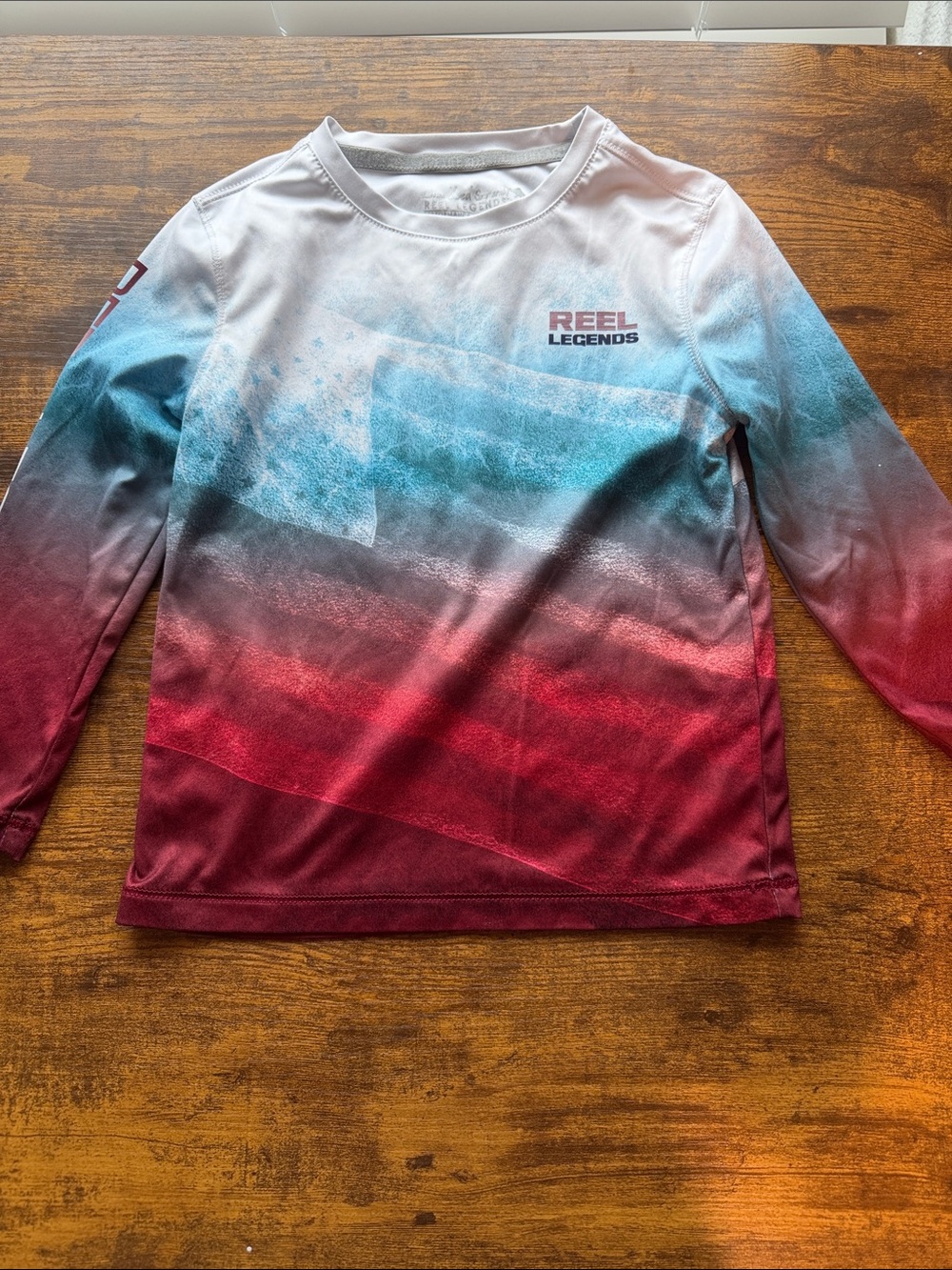 Reel Legends Kids Long Sleeve Gradient Tee in White, Blue, Red